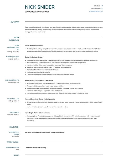 Including the right resume keywords and social media skills on your resume is key. Social Media Coordinator Resume Samples: #1 Resource for ...