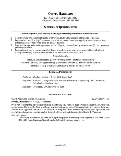 It Work Experience Resume Sample Templates At