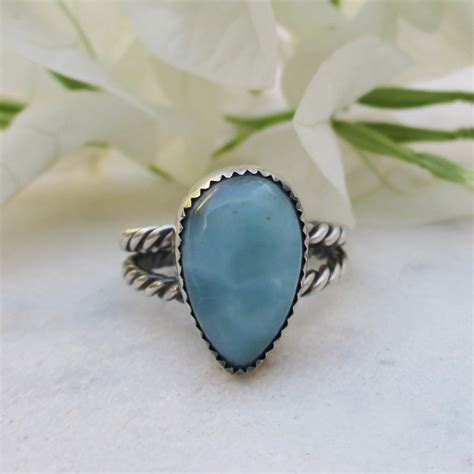 Larimar Sterling Silver Ring Teardrop Light Blue Gemstone Etsy