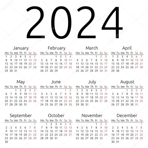Einfacher Kalender 2024 Montag — Stockvektor © Dmitryguzhanin 90155200