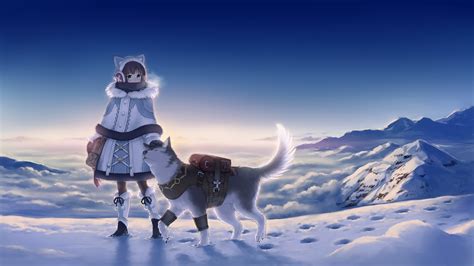 Download 1920x1080 Anime Girl Winter Wolf Snow Landscape Clean Sky