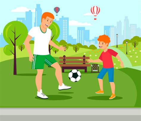 Ilustración De La Familia Jugando Al Fútbol En El Parque Juntos