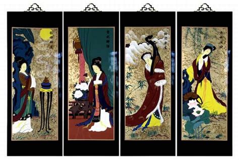 Set Of 4 Oriental Lacquered Painting Wall Art Plaques Four