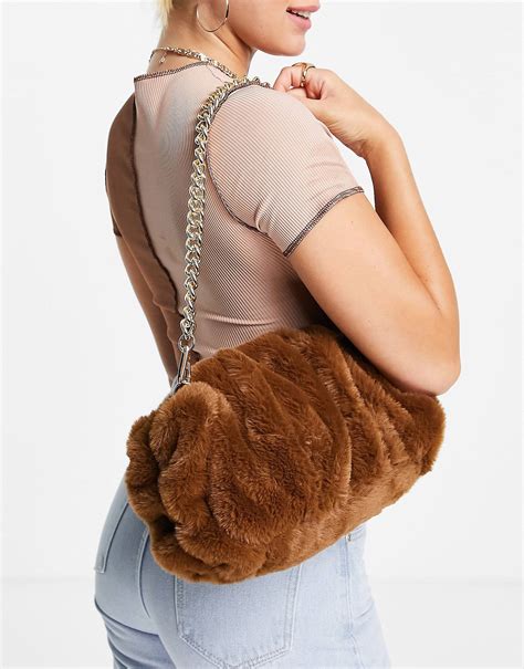 Oversized Ruched Clutch Bag In Faux Fur Brown Asos Design