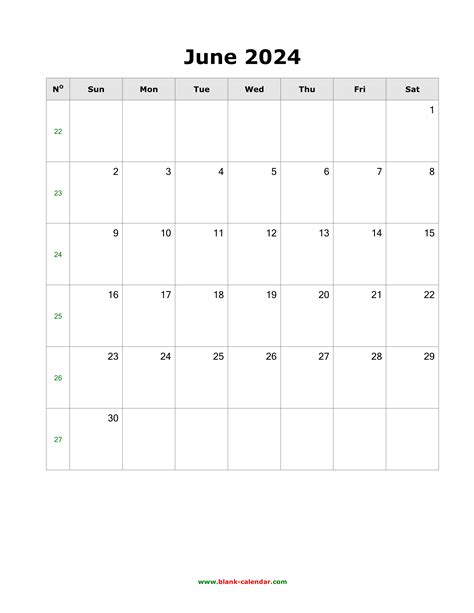 Download June 2024 Blank Calendar Vertical
