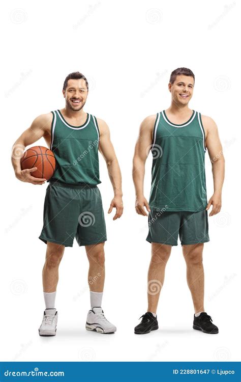 Two Basketball Players Posing With A Ball Stock Image Image Of