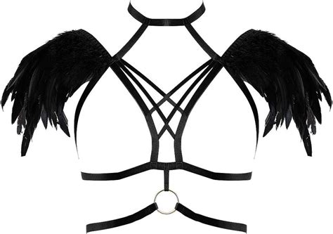 Feathers Harness Bra Epaulette Shoulder Wings Women Festival Rave Gothic Punk Body Plus Size