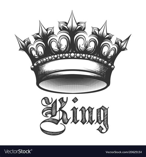 Black And White King Crown Drawn In Engraving Style Vector