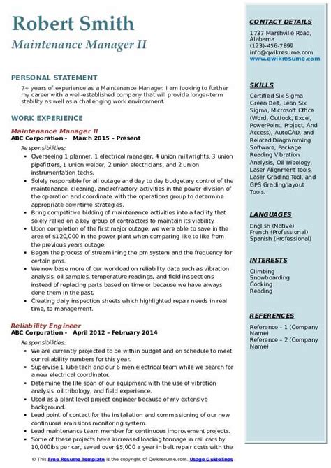 Maintenance Manager Resume Samples Qwikresume