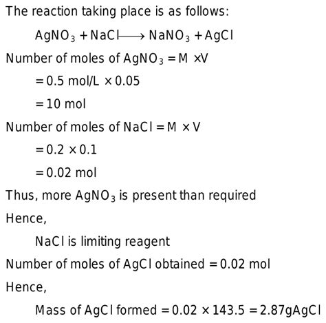 100 Ml Of 02 M Nacl Is Mixed With 50 Ml Of 05 M Agno3 Solution Mole
