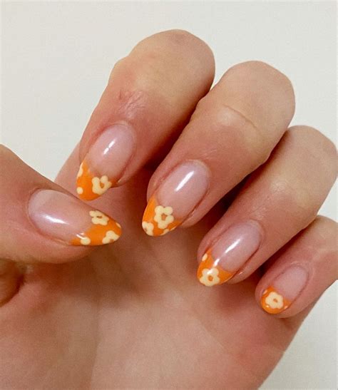 Flower French Tip Nails In 2021 French Tip Nails Orange Acrylic