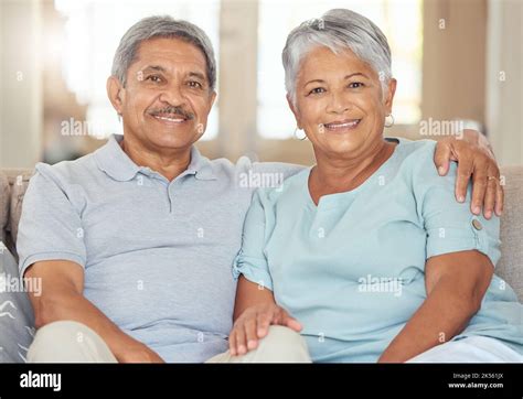 Retirement Couple Portrait And Relax Sofa Lounge Love And Living Room