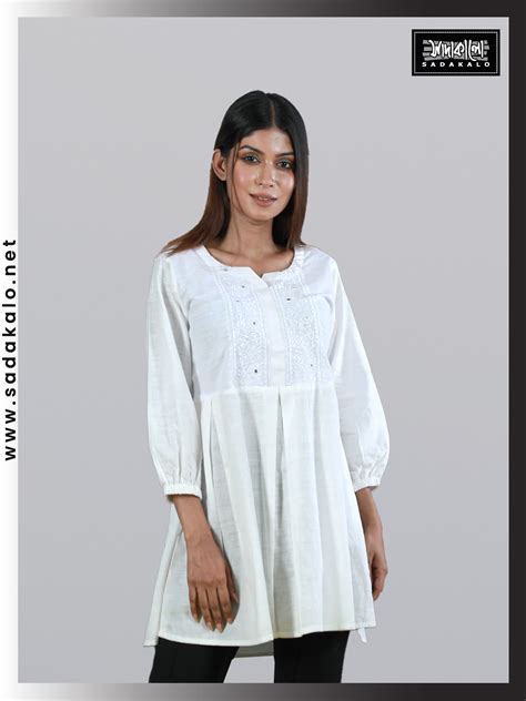 Trendy Media Embroidery White Color Cotton Tops Sadakalo