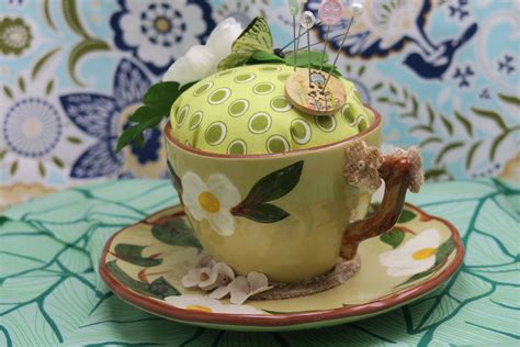 White Dogwood Teacup Pincushion With Green Butterfly The Creative Cottage