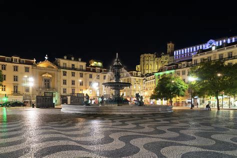 Waves And Lights Rossio Square In Lisbon Portugal At Night Photograph By Georgia Mizuleva