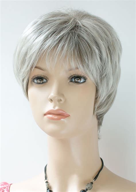 Capless Short Straight Grey Synthetic Hair Wigs With Bangs