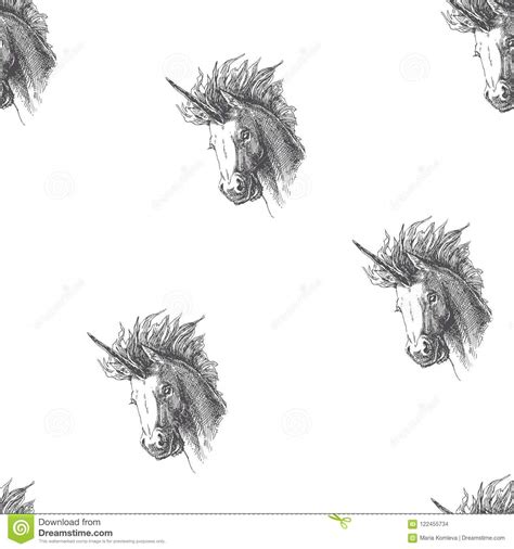 Unicorn Head In Engraving Style Vector Vintage Seamless Pattern Stock