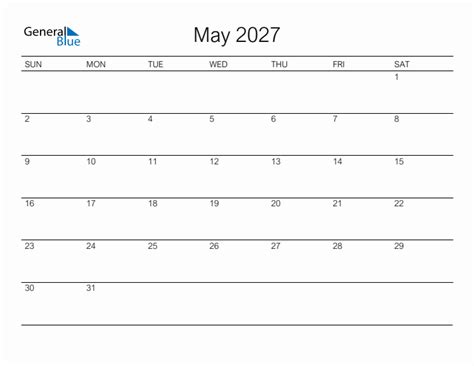 Printable May 2027 Monthly Calendar Sunday Start