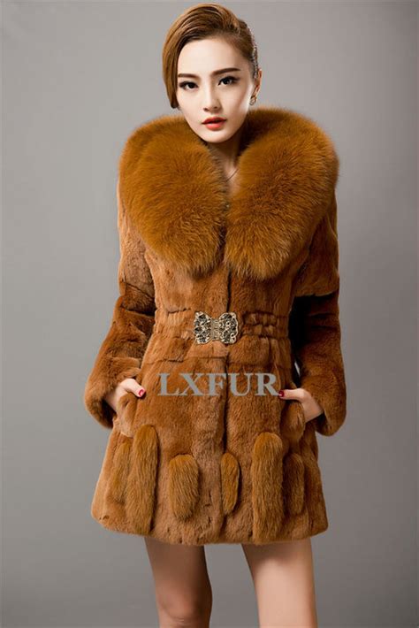 Plus Size Women Real Sheared Rex Rabbit Fur Coat Big Fox Fur Collar