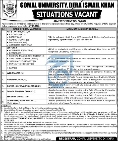 Gomal University Dera Ismail Khan Job Job Advertisement Pakistan