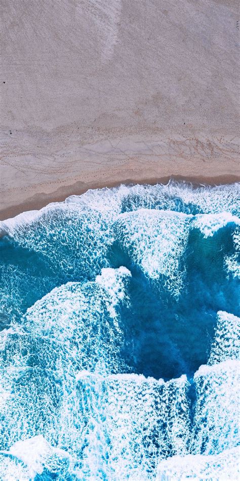 Aerial View Blue Sea Waves Beach 1080x2160 Wallpaper Background