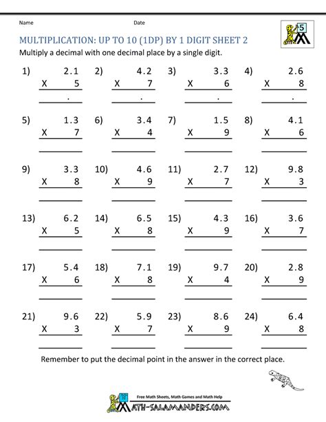 6th grade multiplying decimals worksheets, including multiplying decimals by whole numbers, multiplying decimals by decimals, mental multiplication of decimals, multiplying decimals by 10, 100, 1,000 or 10,000 and decimal multiplication in columns. free multiplication worksheets 2 digits decimals tenths by ...