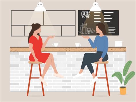 Ilustración De Dos Mujeres Sentadas Y Hablando En El Bar O Cafetería
