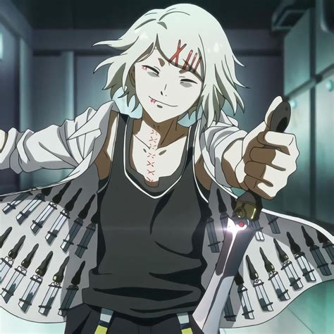 An Anime Character With White Hair Holding A Knife And Pointing To The