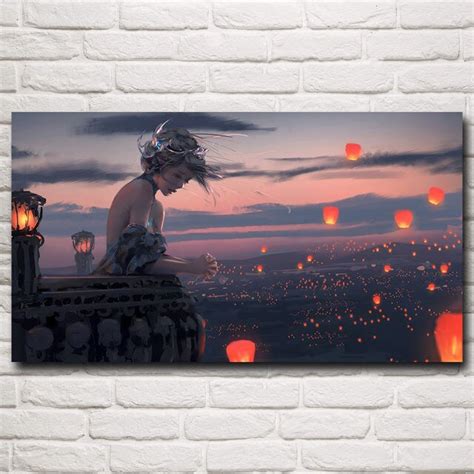Princess Sky Lanterns Wind Balcony Wlop Art Silk Posters Prints Home With Free Shipping