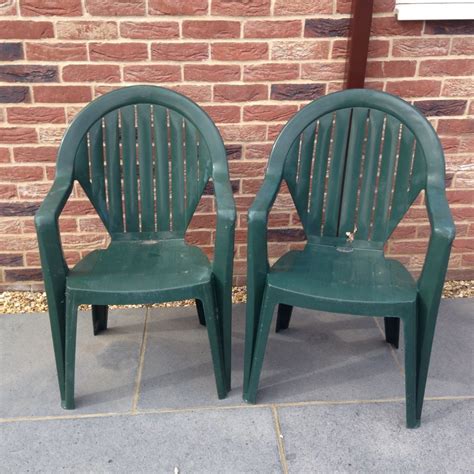 Two Excellent Homebase Quality Green Plastic Stackable Garden Chairs £8