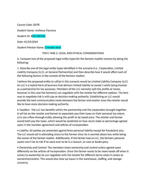 Flannery WGU D078 Task 2 Document - Course Code: D Student Name