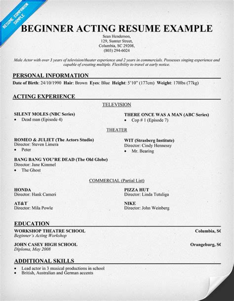 Resume Format Acting Resume Templates For Kids