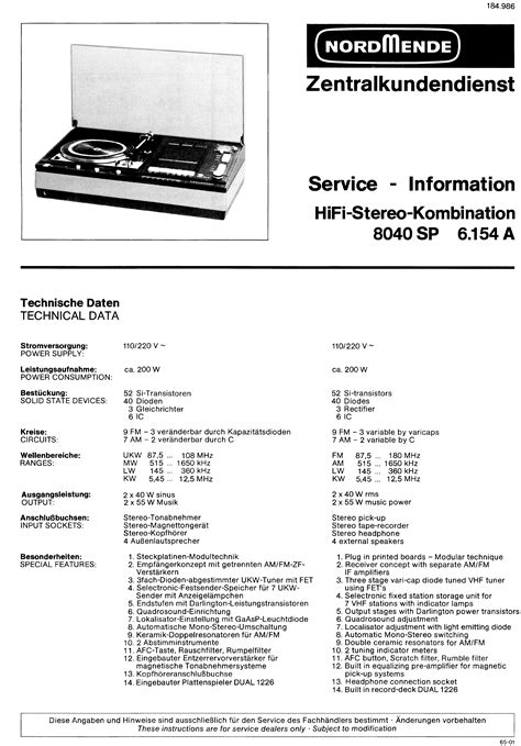 Nordmende Hifi Stereo Kombination 8040sp 6154a Sm Service Manual