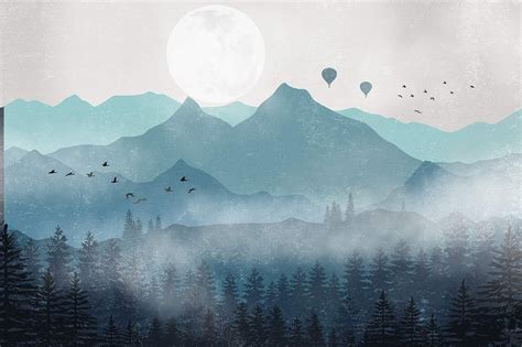 Misty Mountain Landscape With Moon Wallpaper Mural Mountain Mural