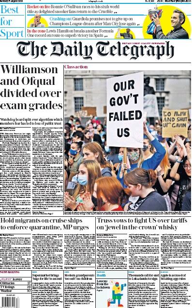 The Daily Telegraph Uk Front Page For 17 August 2020 Paperboy