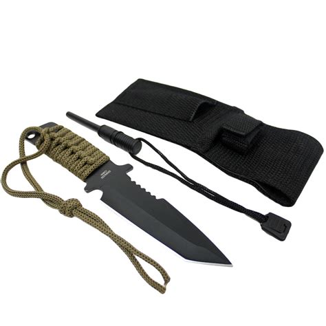 7 Hunting Knife W Fire Starter And Paracord Carbon Steel Blade Survival