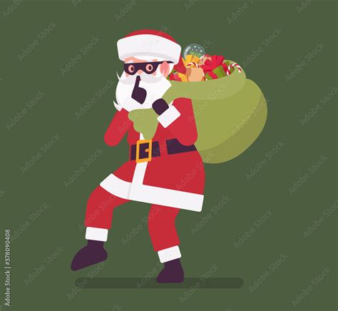 Secret Santa Claus Making Hush Gesture Moving Slowly With Sack