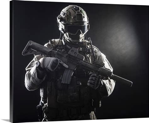 Special Forces Soldier With Rifle On Dark Background Wall Art Canvas