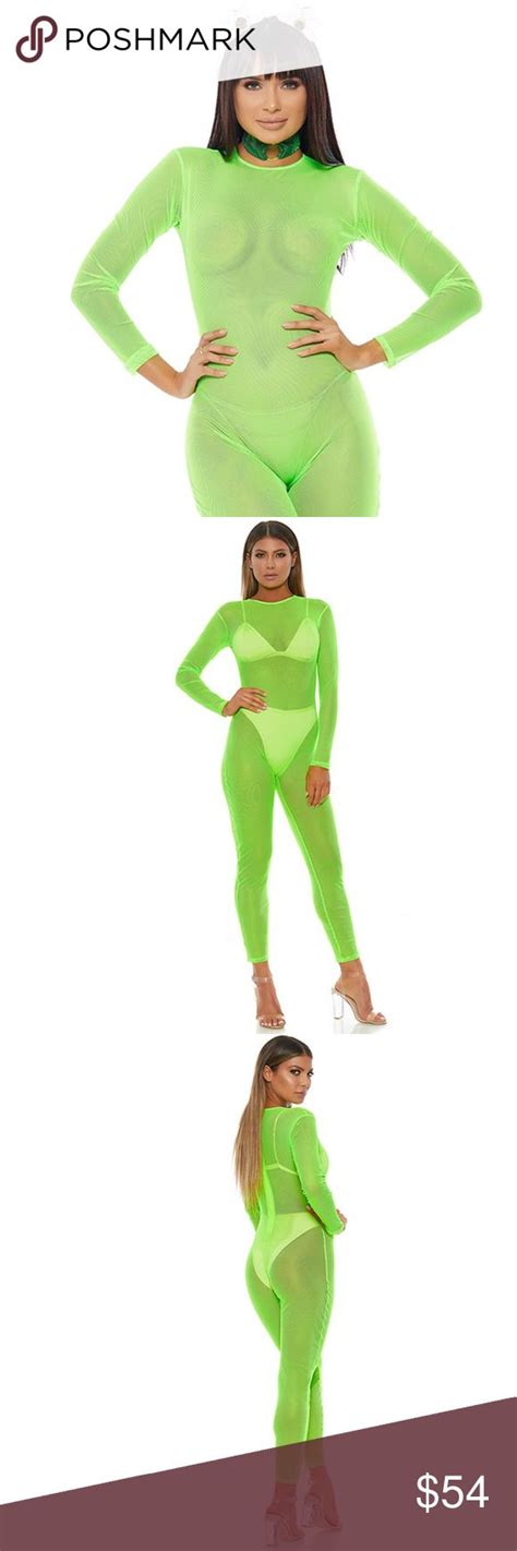Sheer Mesh Long Sleeve Catsuit Zipper Closure Neon Mesh Long Sleeve