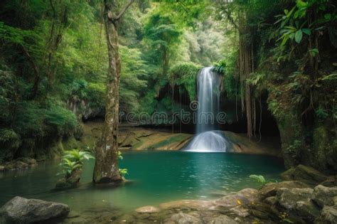 Hidden Waterfall Surrounded By Lush Greenery And Crystal Clear Water Stock Image Image Of