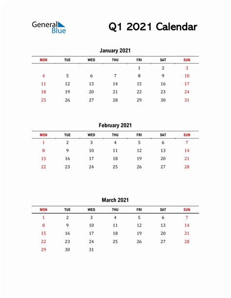 Q1 2021 Calendar Template In Pdf Excel And Word