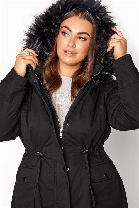 Plus Size Black Faux Fur Trim Hooded Parka Yours Clothing