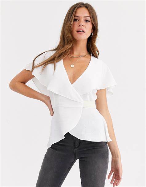 Asos Design Short Sleeve Wrap Top With Cape Detail And Contrast Tie No