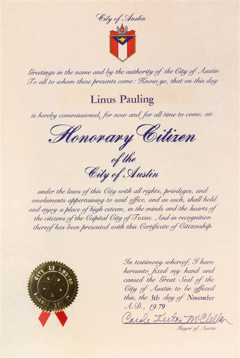 City Of Austin Texas Certificate Of Honorary Citizenship November 5
