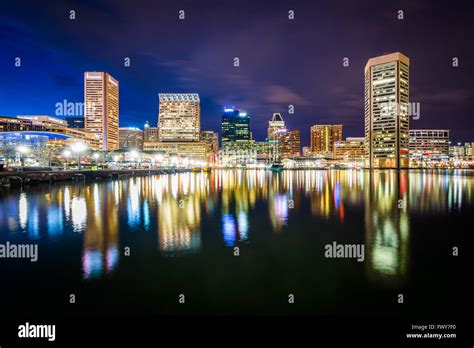 The Inner Harbor Skyline At Night In Baltimore Maryland Stock Photo
