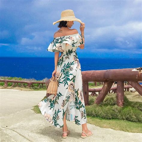 Floral Parint Chiffon Tropical Women Summer Dress Long Elegant Boho