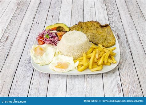 Dish Of Traditional Churrasco From Ecuador Beef Fillet With Fried Eggs
