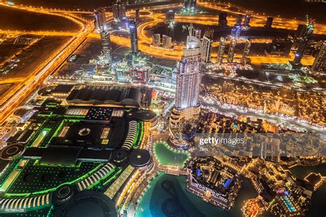 Downtown Dubai Illuminated At Night Aerial View High Res Stock Photo