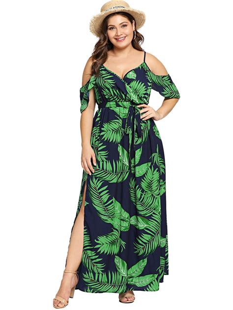 Milumia Womens Plus Size Cold Shoulder Floral Slit Hem Tropical Summer Maxi Dress Beachwear