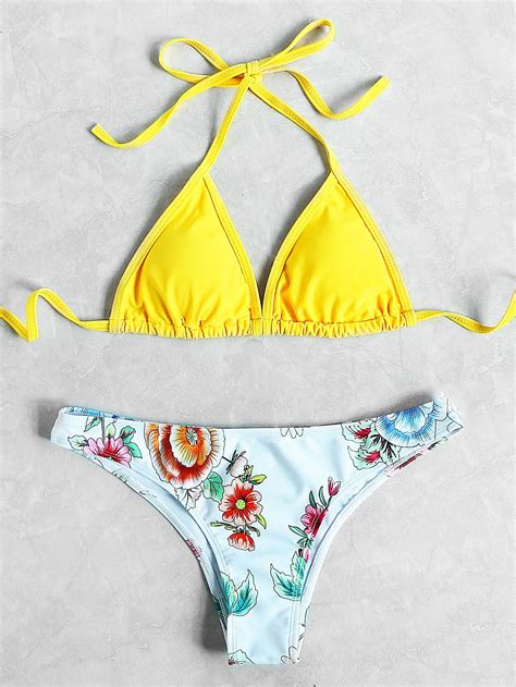 Shop Flower Print Halter Neck Triangle Mix And Match Bikini Set Online